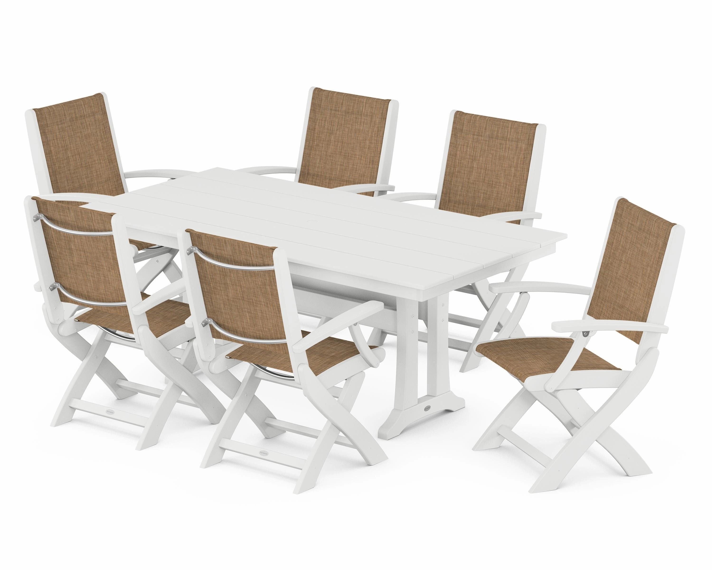 Coastal Folding Arm Chair 7-Piece Farmhouse Dining Set with Trestle Legs