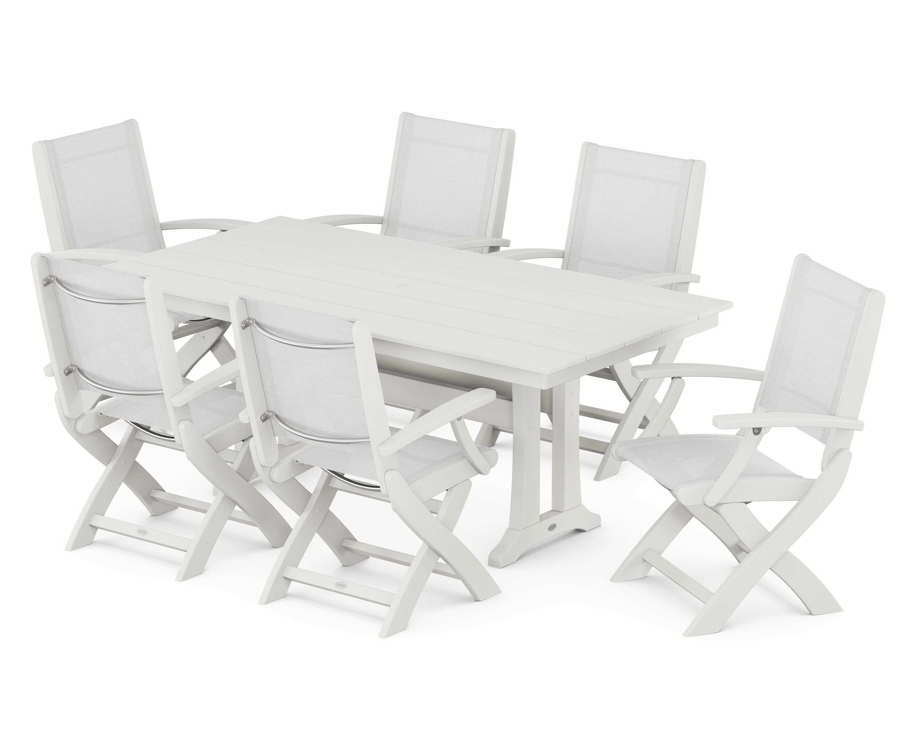 Coastal Folding Arm Chair 7-Piece Farmhouse Dining Set with Trestle Legs