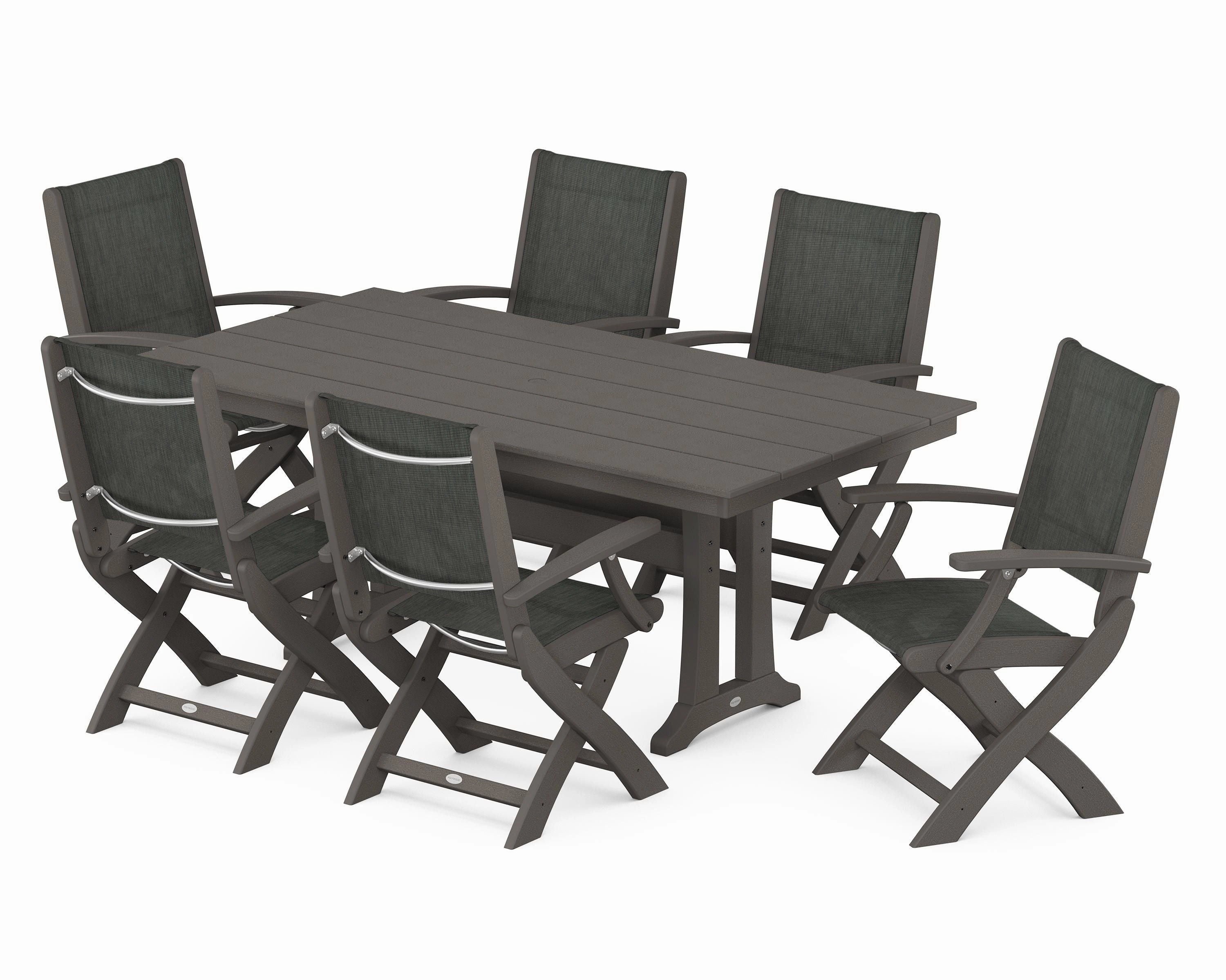 Coastal Folding Arm Chair 7-Piece Farmhouse Dining Set with Trestle Legs