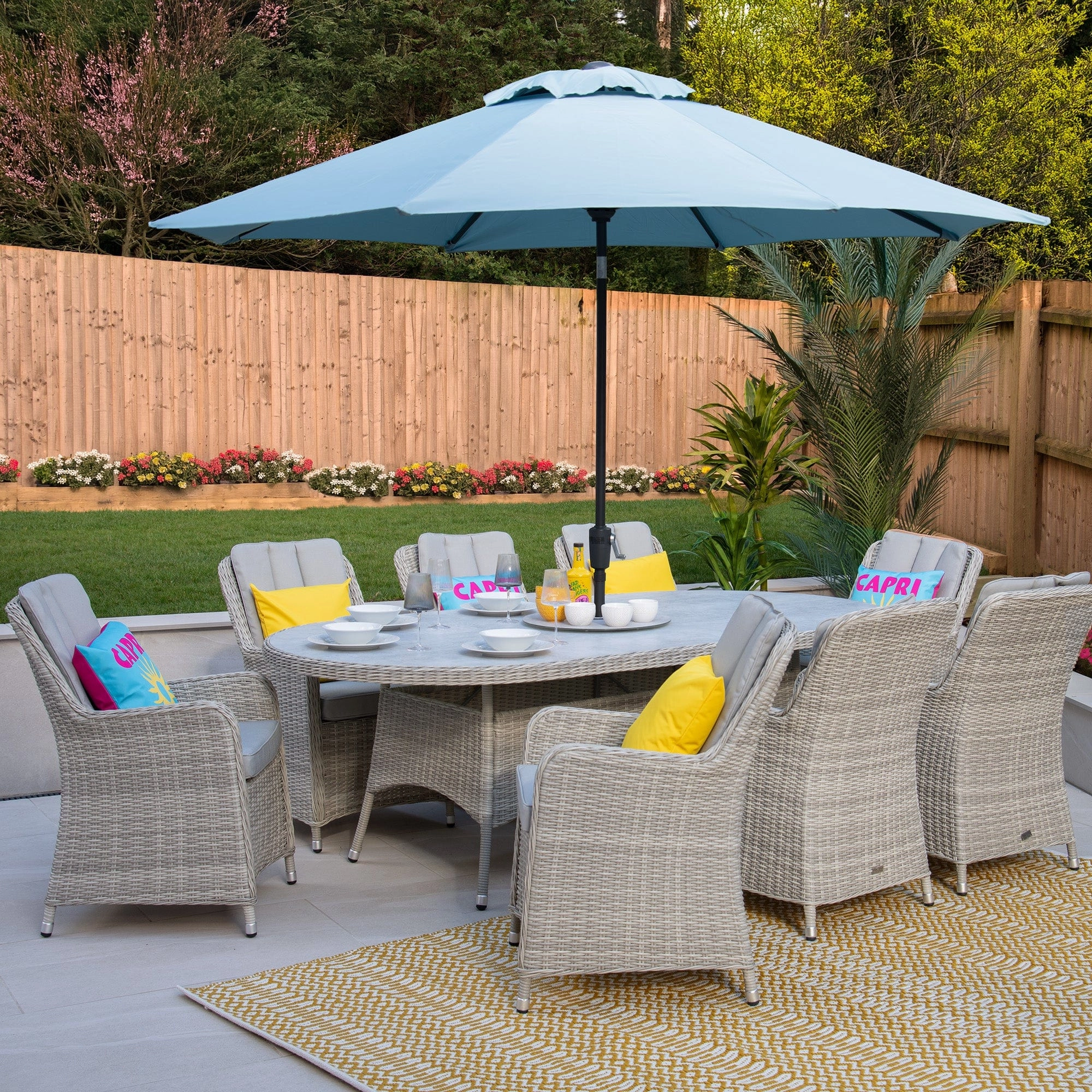 Coral Bay - 8 Seat Oval Garden Dining Set With Lazy Susan In Light Grey Rattan & Ceramic Top