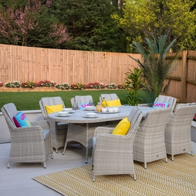 Coral Bay - 8 Seat Oval Garden Dining Set With Lazy Susan In Light Grey Rattan & Ceramic TopPE rattan outdoor lounge chair set