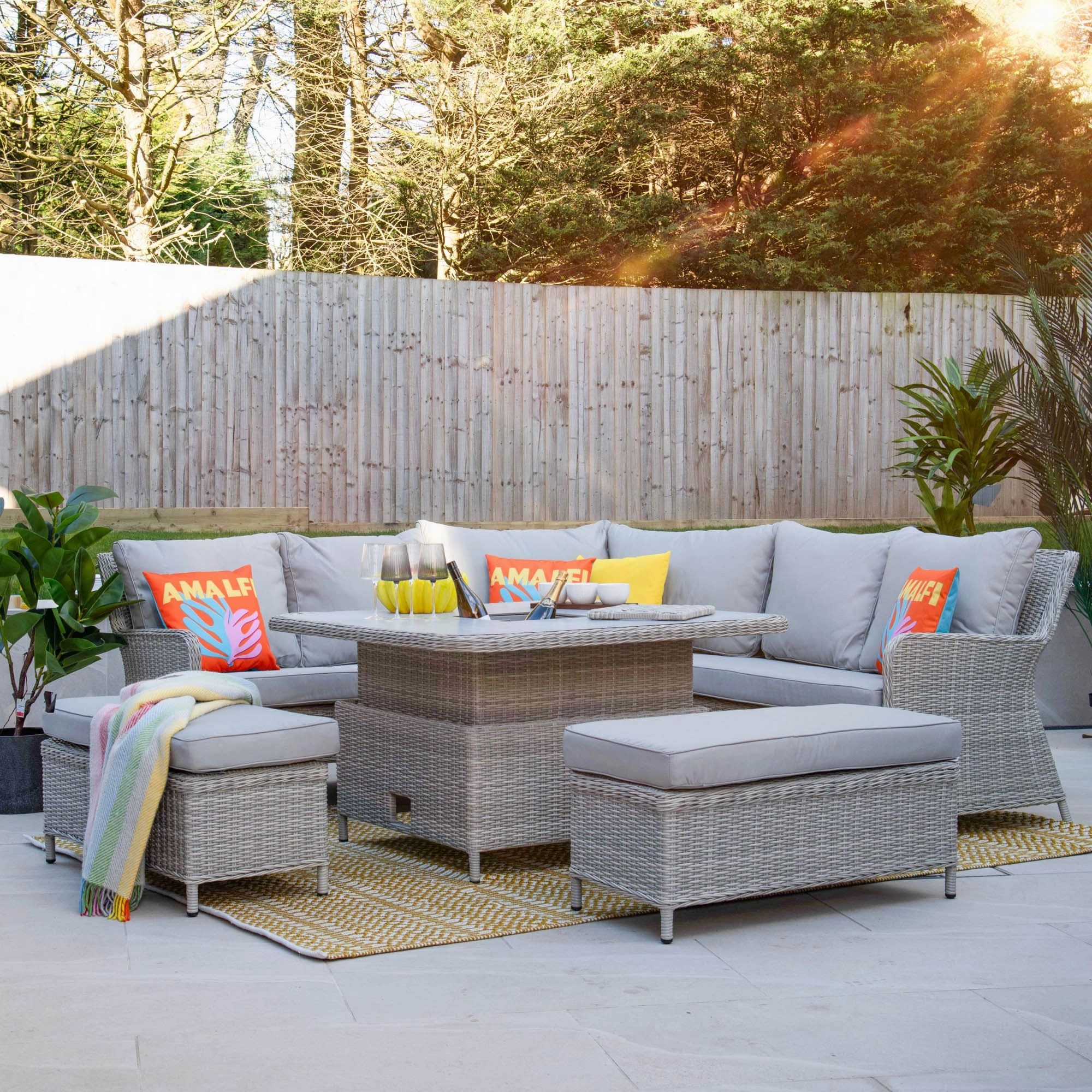 Coral Bay - Square Royal Corner Bench Set In Light Grey Rattan & Ceramic Top