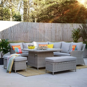 Coral Bay - Square Royal Corner Bench Set With Fire Pit In Light Grey Rattan & Ceramic TopPE rattan outdoor lounge chair set
