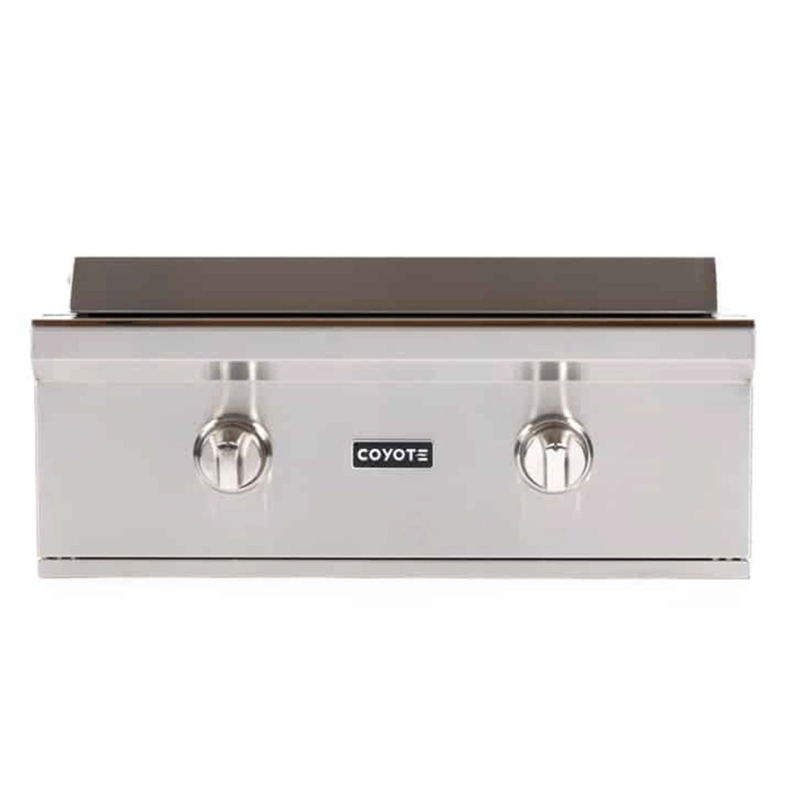 Coyote 30-inch Built-in Flat Top LP Gas Grill C1FTG30LP stainless steel BBQ grill with side table
