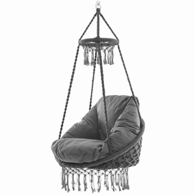 Deluxe Macrame Chair With Fringe - Fog Grey outdoor swing chair with steel frame