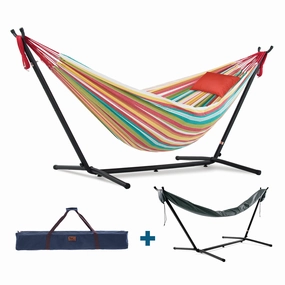 Double Cotton Hammock Bundle (9ft/280cm) - Salsa & Cherry Red outdoor hammock with stand and canopy