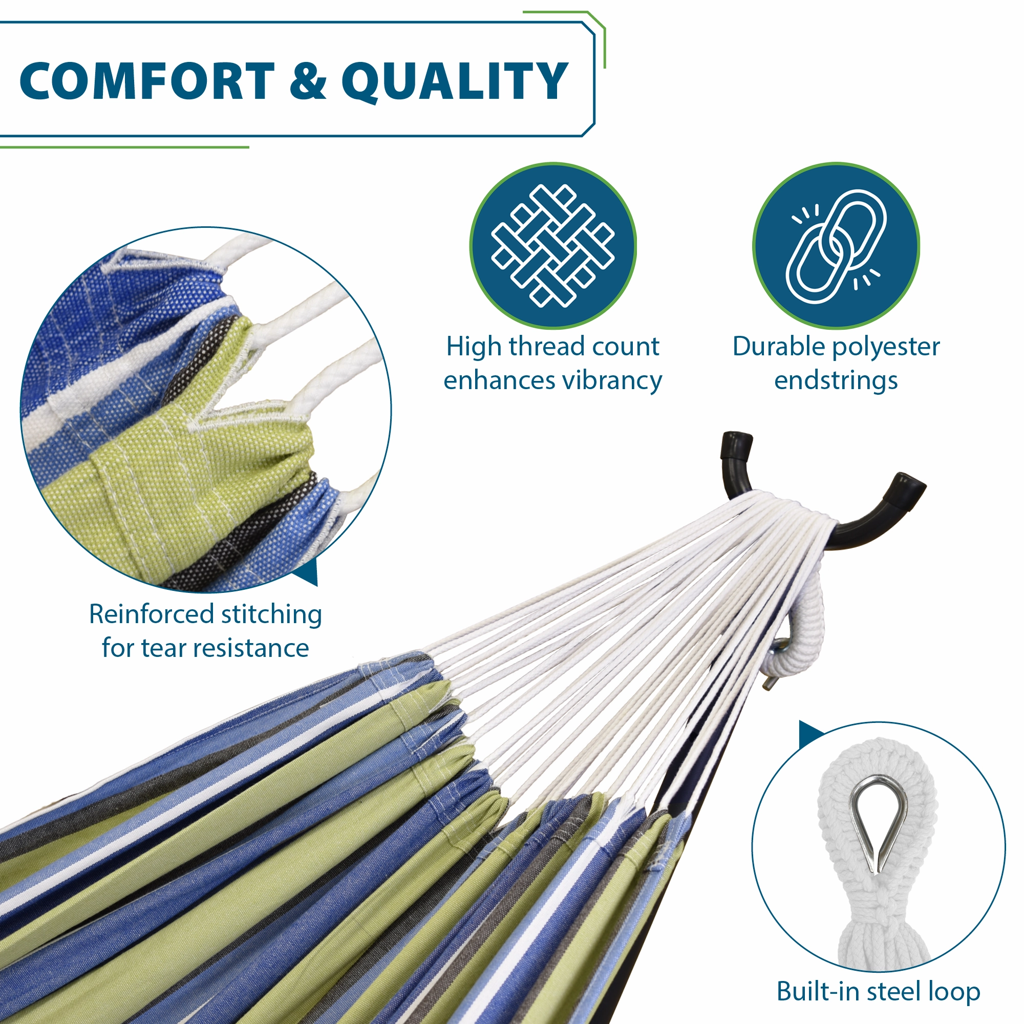 Double Cotton Hammock with Solid Pine Stand (8ft/260cm) - Oasis