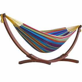 Double Cotton Hammock with Solid Pine Stand (8ft/260cm) - Tropical outdoor hammock with stand and canopy
