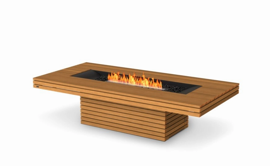 Ecosmart Fire Gin 90 (Chat)Fire Pit Table - Teak Finish / Black Burner - ESF.O.GIN.90.C.TN.Boutdoor fire table set with chairs