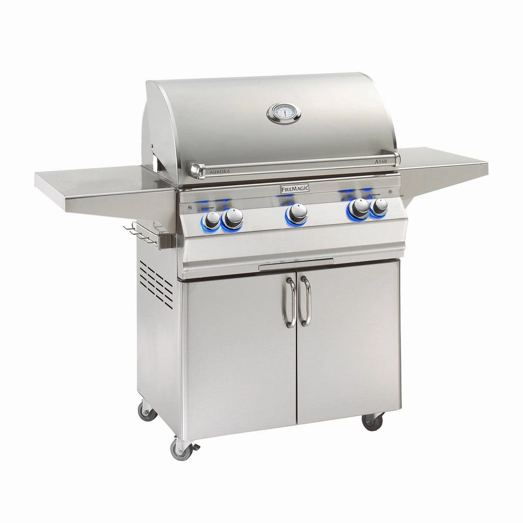 Fire Magic Aurora 30" Portable Gas Grill with Analog Thermometer A540s stainless steel BBQ grill with side table