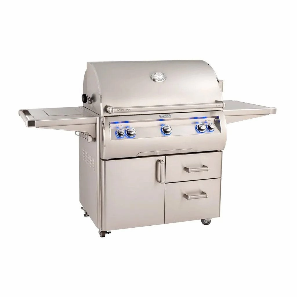 Fire Magic Echelon Diamond 36" Portable Grill with Analog Thermometer & Flush Mounted Single Side Burner E790s stainless steel BBQ grill with side table