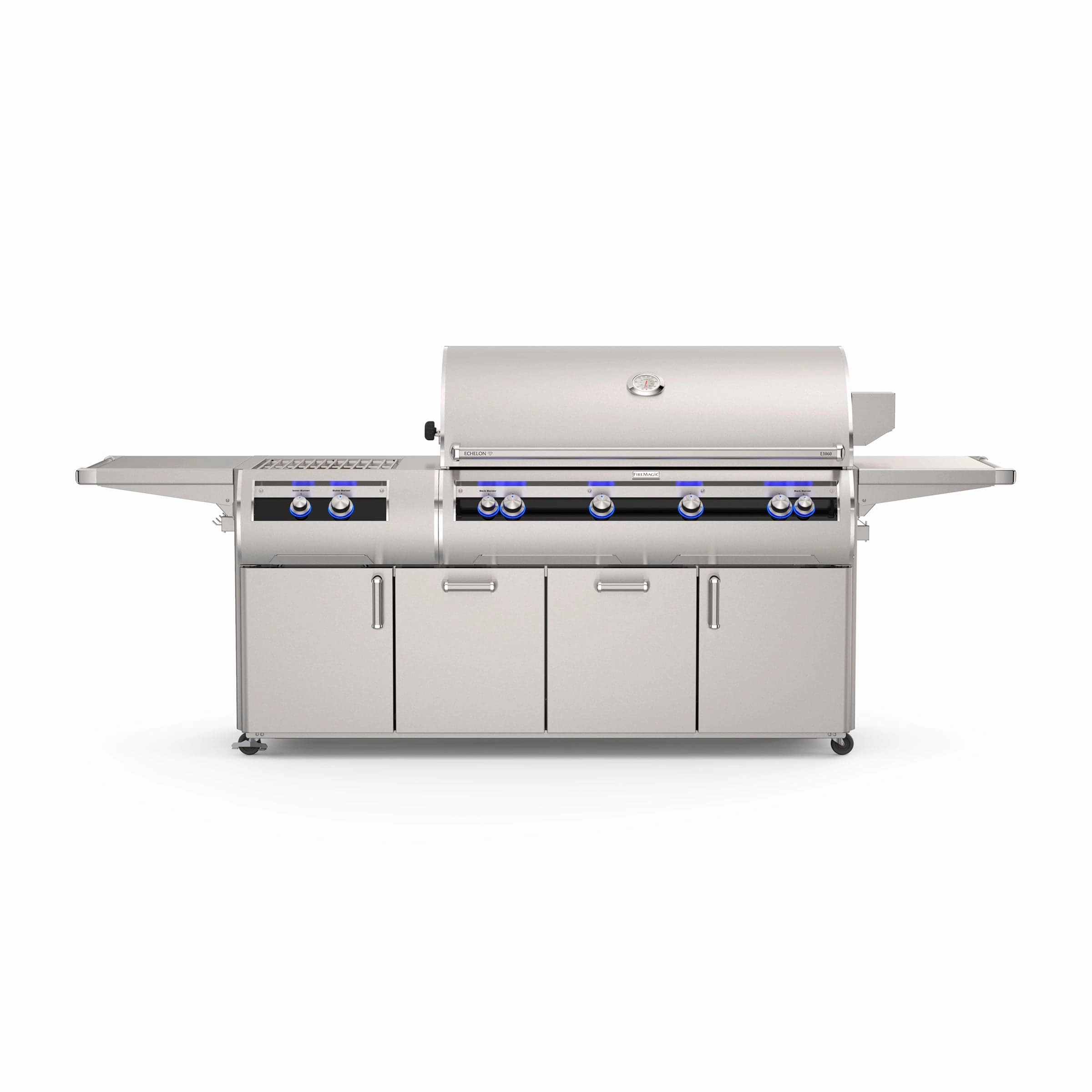 Fire Magic Echelon E1060s Portable Grill Analog Thermometer and Power Burner stainless steel BBQ grill with side table