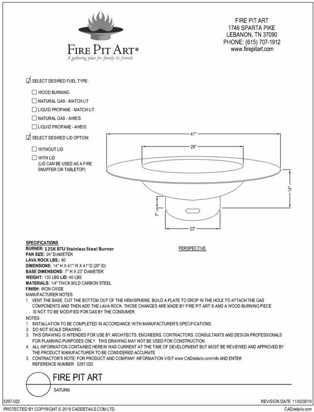 Fire Pit Art Saturn 41-inch Gas Fire Pit - SAT