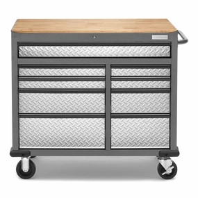 Gladiator Silver Tread Premier 41 inch 9-drawer Mobile Tool Workbench with Solid Wood Top - GAMT41HWJG large capacity outdoor storage box