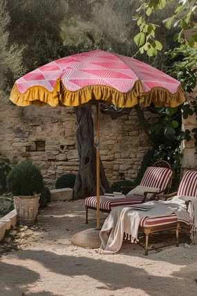 HKliving Pink Linear Parasol with Mustard Fringeoutdoor garden decorative ornaments