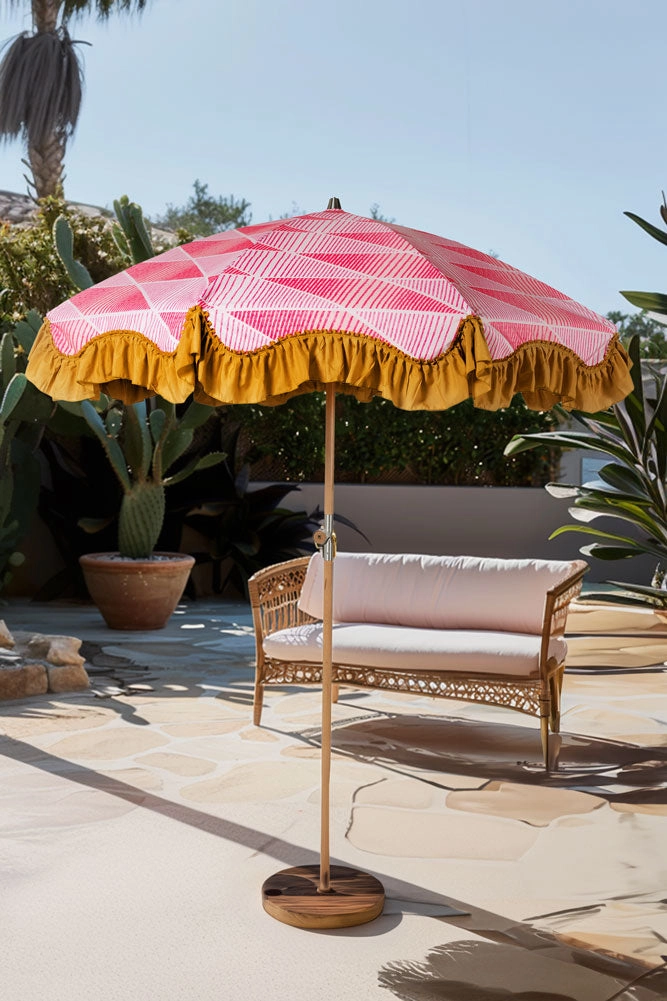 HKliving Pink Linear Parasol with Mustard Fringe