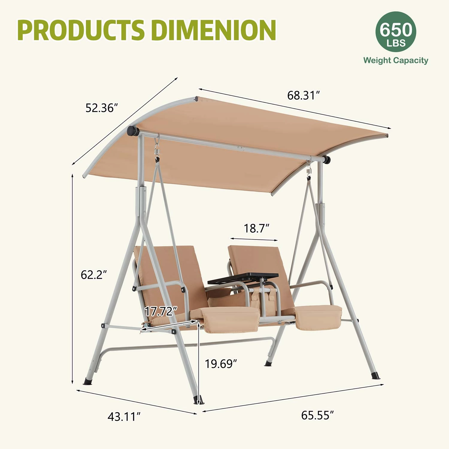 Homrest 2 Seat Outdoor Porch Swing with Adjustable Canopy, Beige