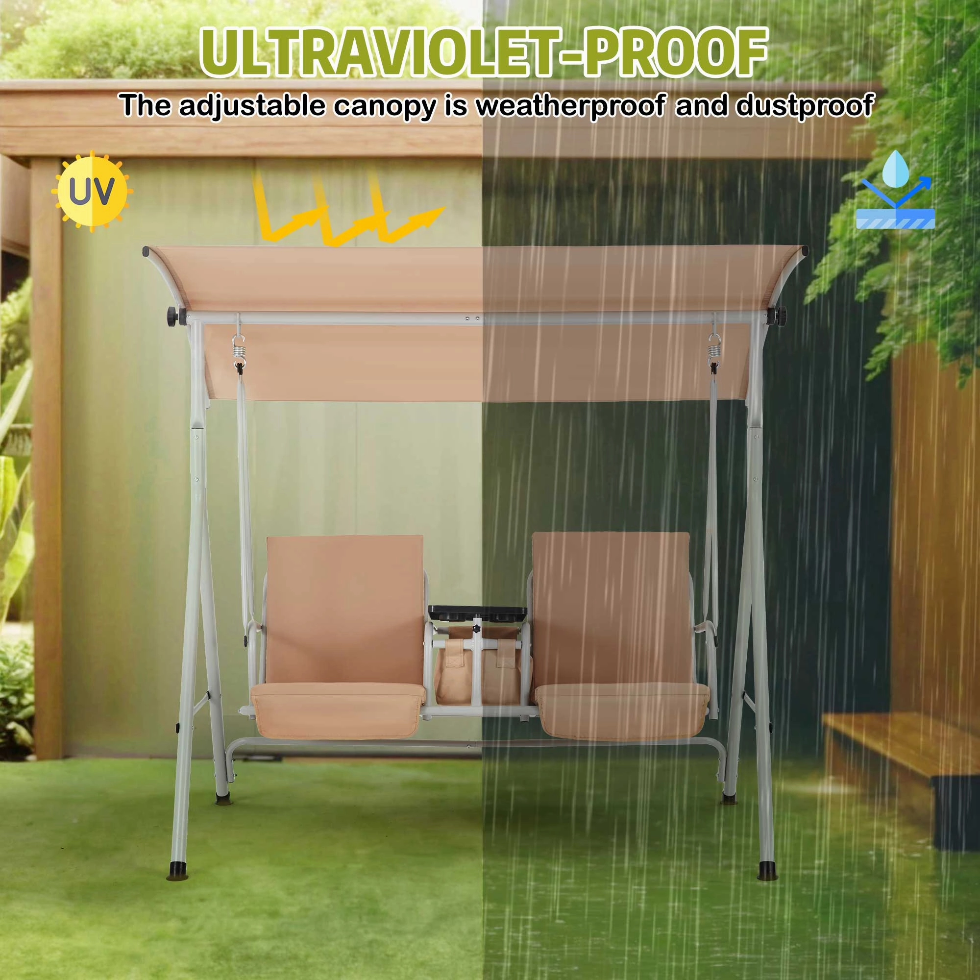 Homrest 2 Seat Outdoor Porch Swing with Adjustable Canopy, Beige