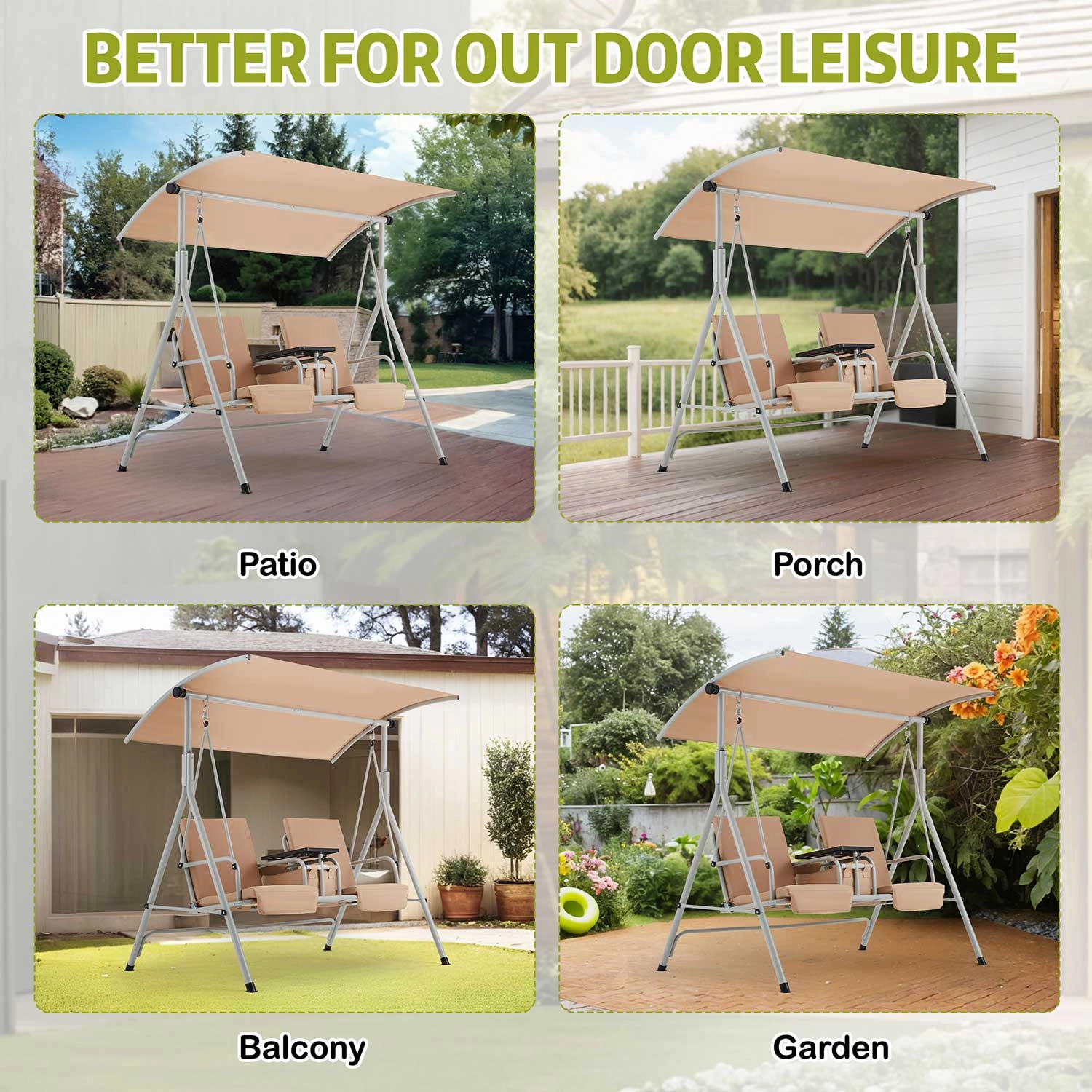 Homrest 2 Seat Outdoor Porch Swing with Adjustable Canopy, Beige