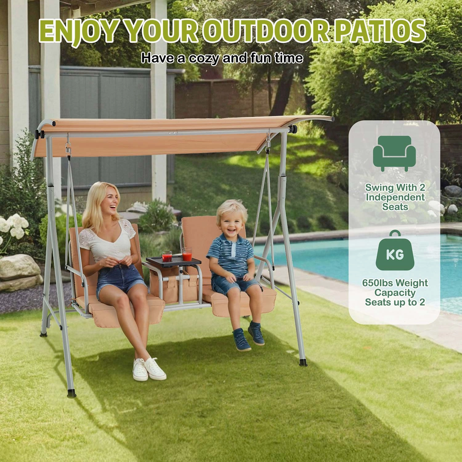 Homrest 2 Seat Outdoor Porch Swing with Adjustable Canopy, Beige