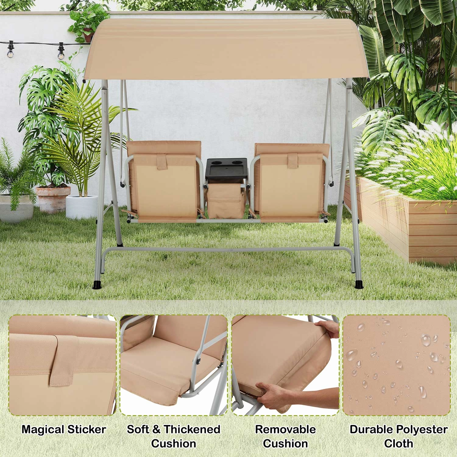 Homrest 2 Seat Outdoor Porch Swing with Adjustable Canopy, Beige