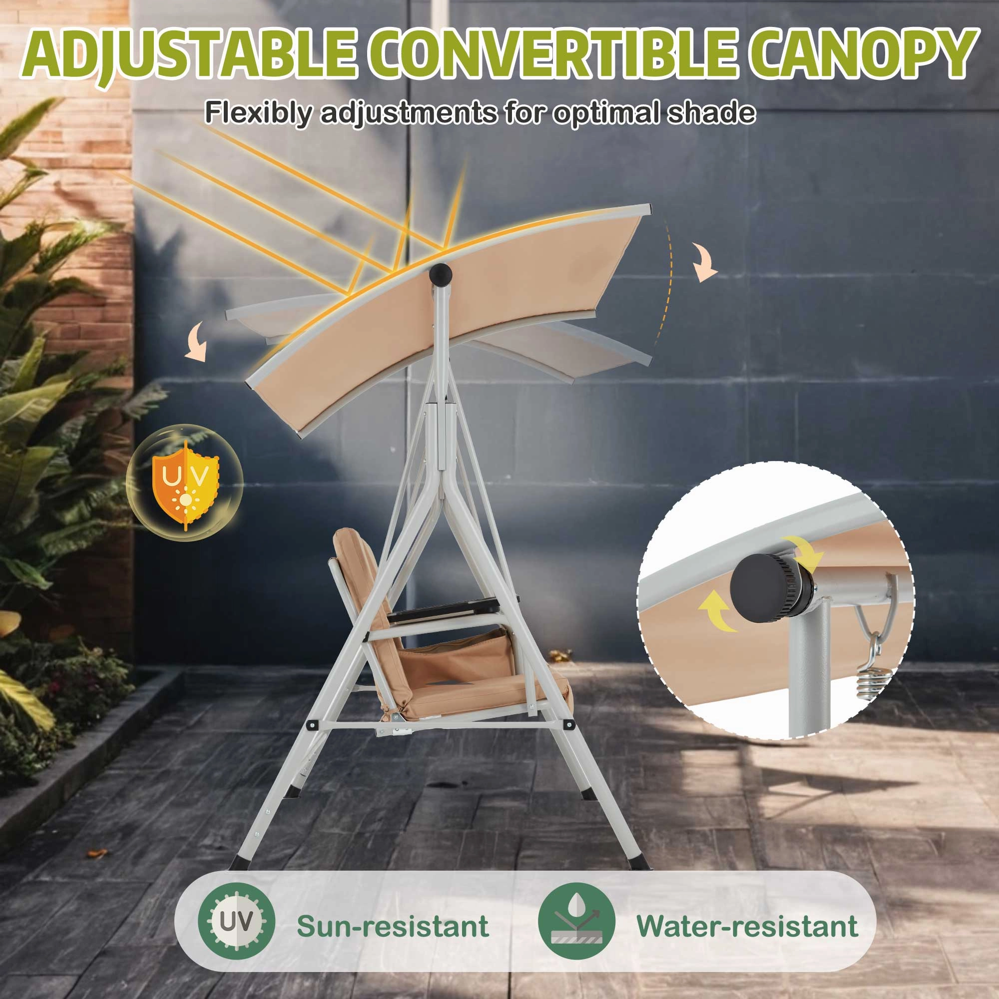 Homrest 2 Seat Outdoor Porch Swing with Adjustable Canopy, Beige