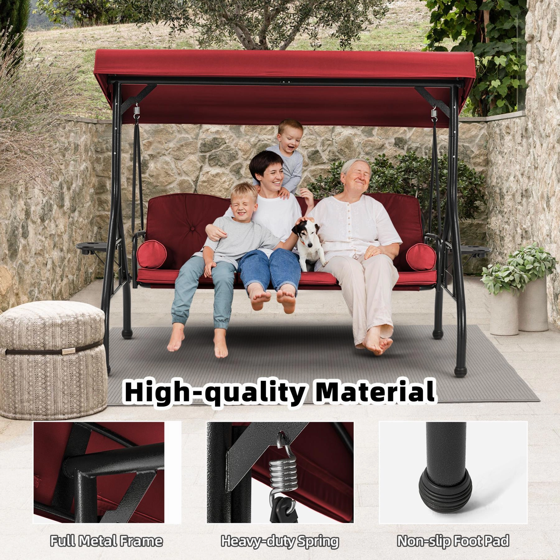 Homrest 3-Seat Patio Swing with Adjustable Canopy and Backrest, Wine Red