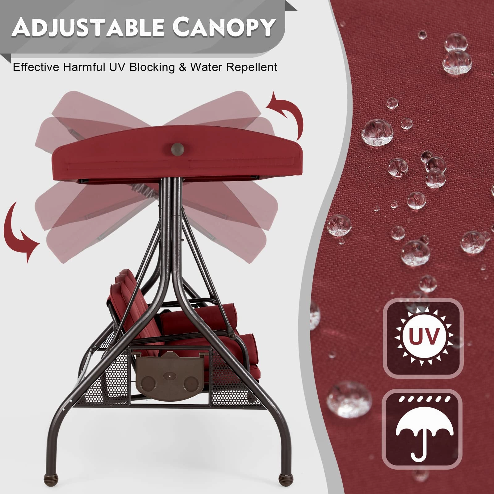 Homrest 3-Seat Patio Swing with Adjustable Canopy and Backrest, Wine Red