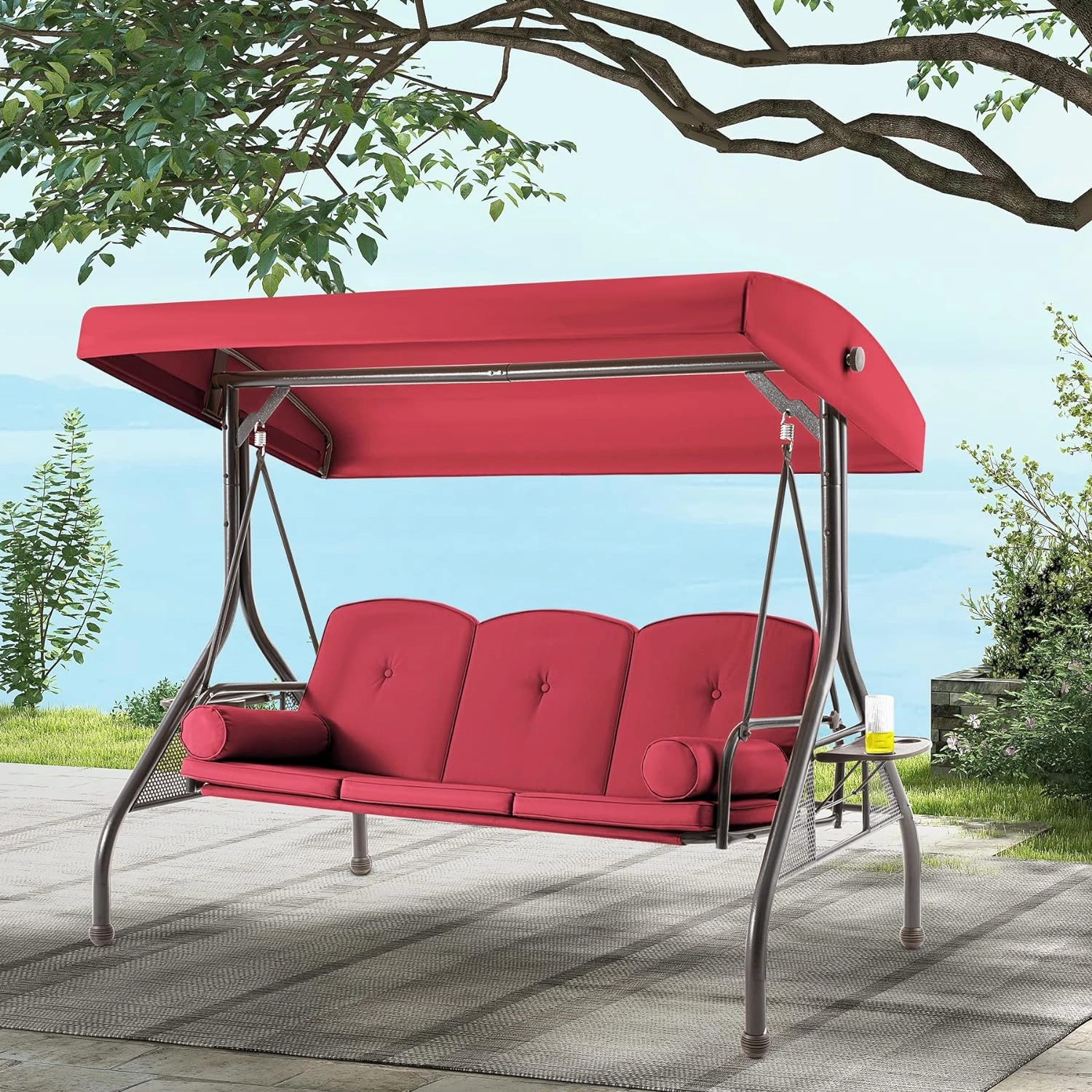 Homrest 3-Seat Patio Swing with Adjustable Canopy and Backrest, Wine Red
