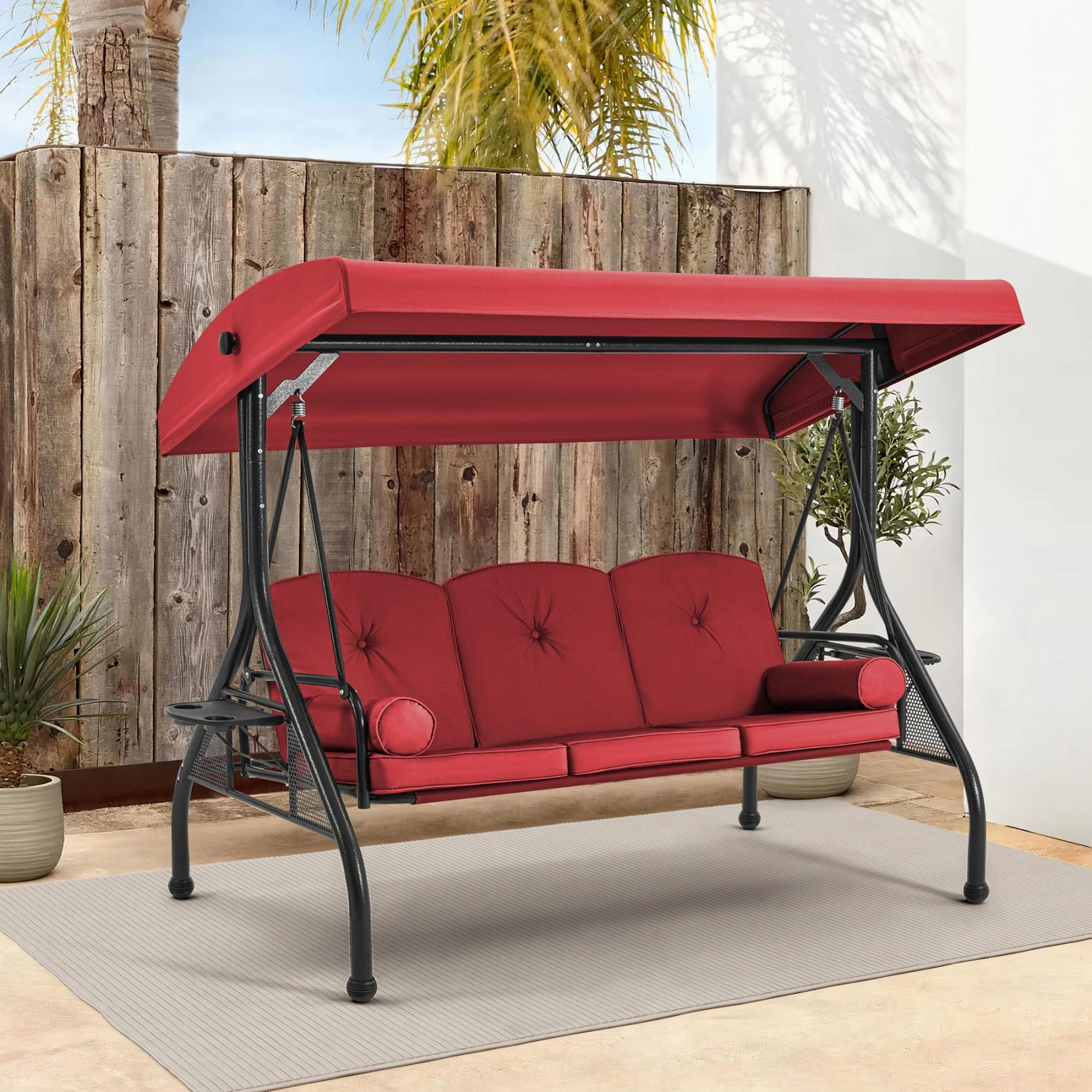 Homrest 3-Seat Porch Swing with Adjustable Canopy and Backrest, Wine Red