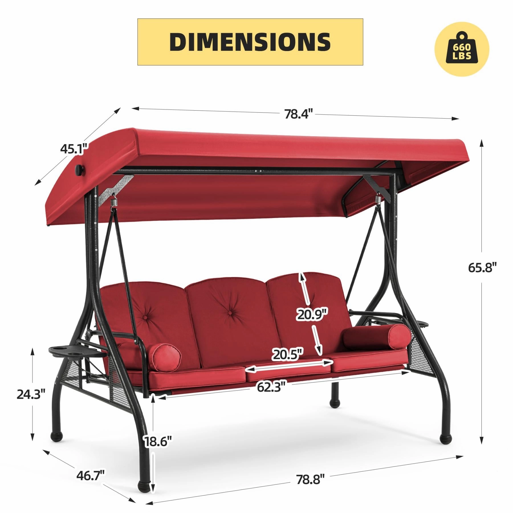 Homrest 3-Seat Porch Swing with Adjustable Canopy and Backrest, Wine Red