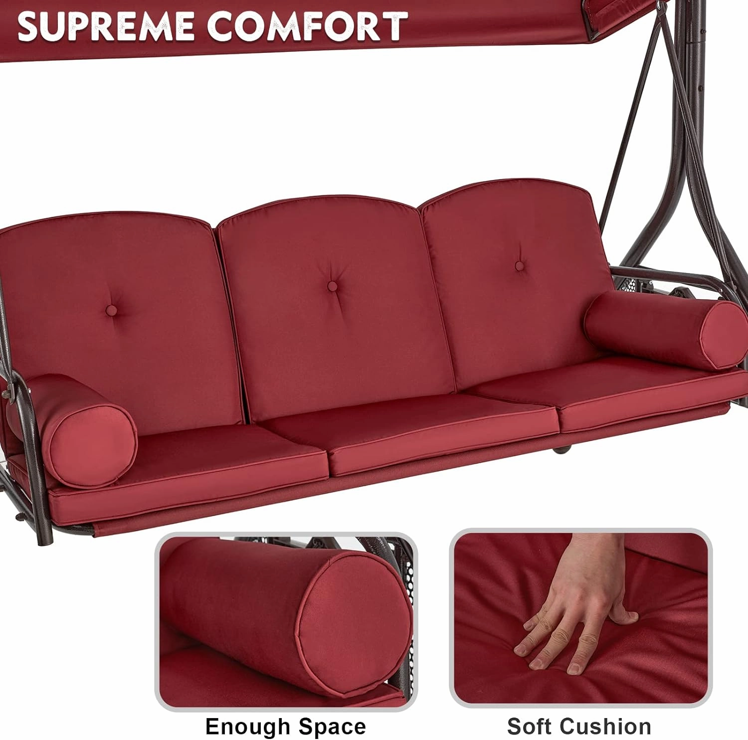 Homrest 3-Seat Porch Swing with Adjustable Canopy and Backrest, Wine Red