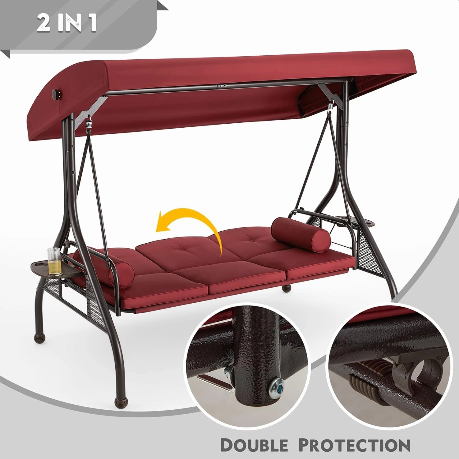 Homrest 3-Seat Porch Swing with Adjustable Canopy and Backrest, Wine Red