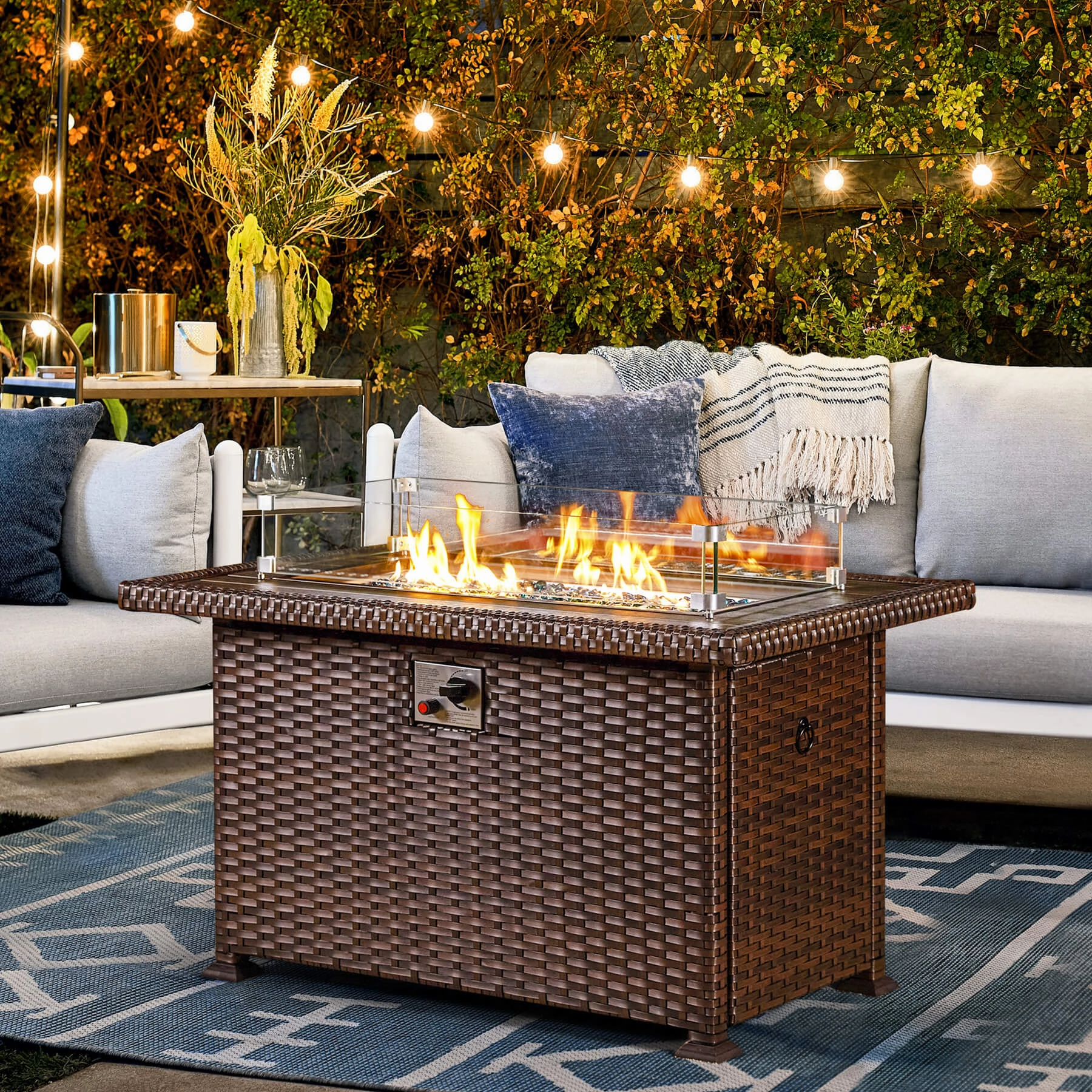 Homrest 44" Outdoor Propane Gas Fire Pit Table 50000 BTU Auto-Ignition w/ Windguard, Brownportable outdoor fire pit with lid