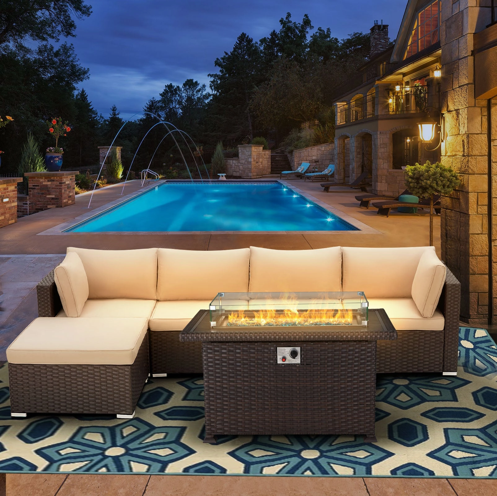 Homrest 44" Outdoor Propane Gas Fire Pit Table 50000 BTU Auto-Ignition w/ Windguard, Brown