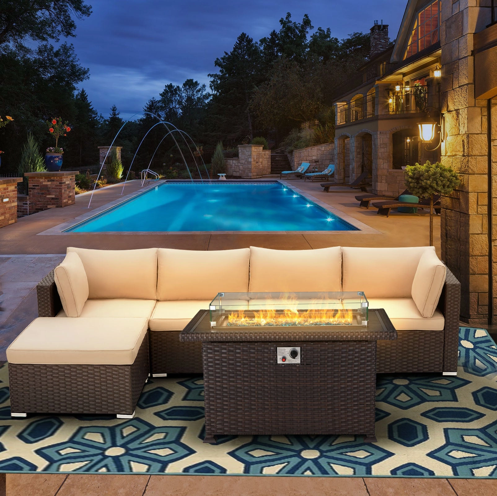Homrest 44" Outdoor Propane Gas Fire Pit Table 50000 BTU Auto-Ignition w/ Windguard, Brown