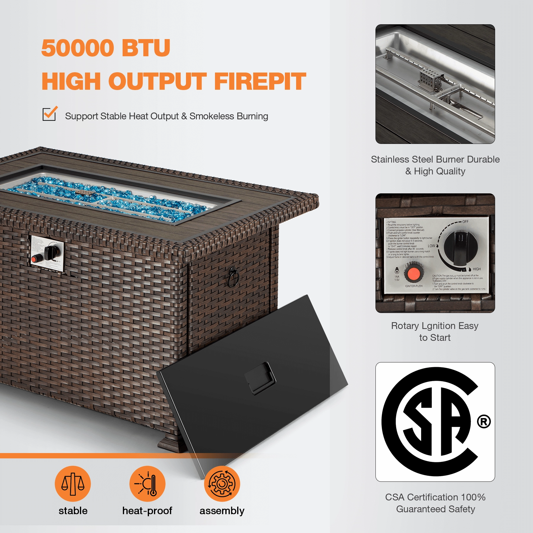 Homrest 44" Outdoor Propane Gas Fire Pit Table 50000 BTU Auto-Ignition w/ Windguard, Brown