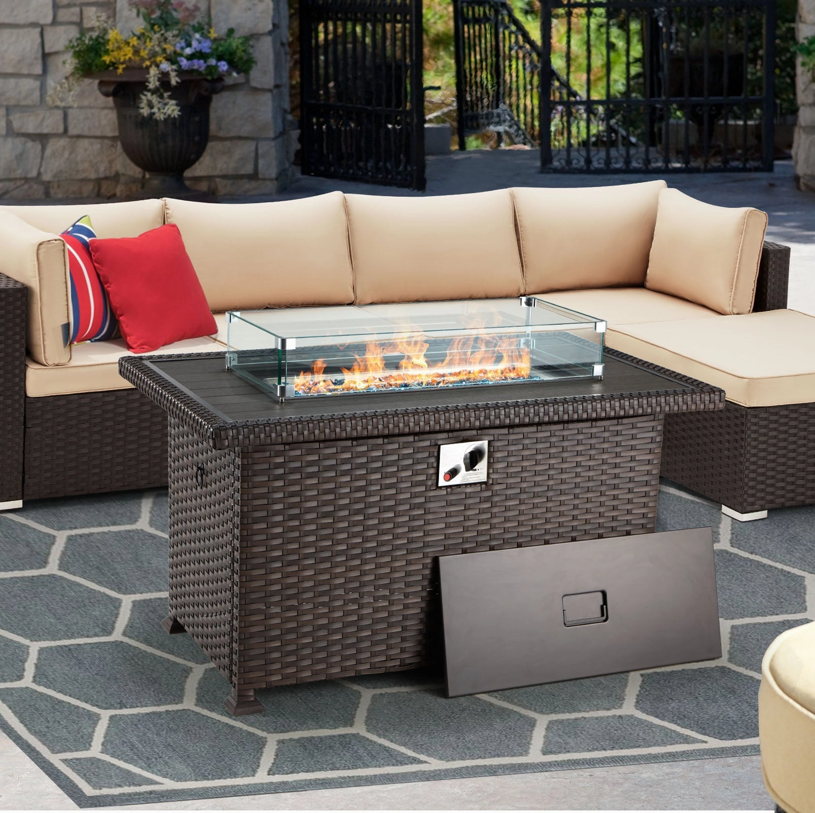 Homrest 44" Outdoor Propane Gas Fire Pit Table 50000 BTU Auto-Ignition w/ Windguard, Brown