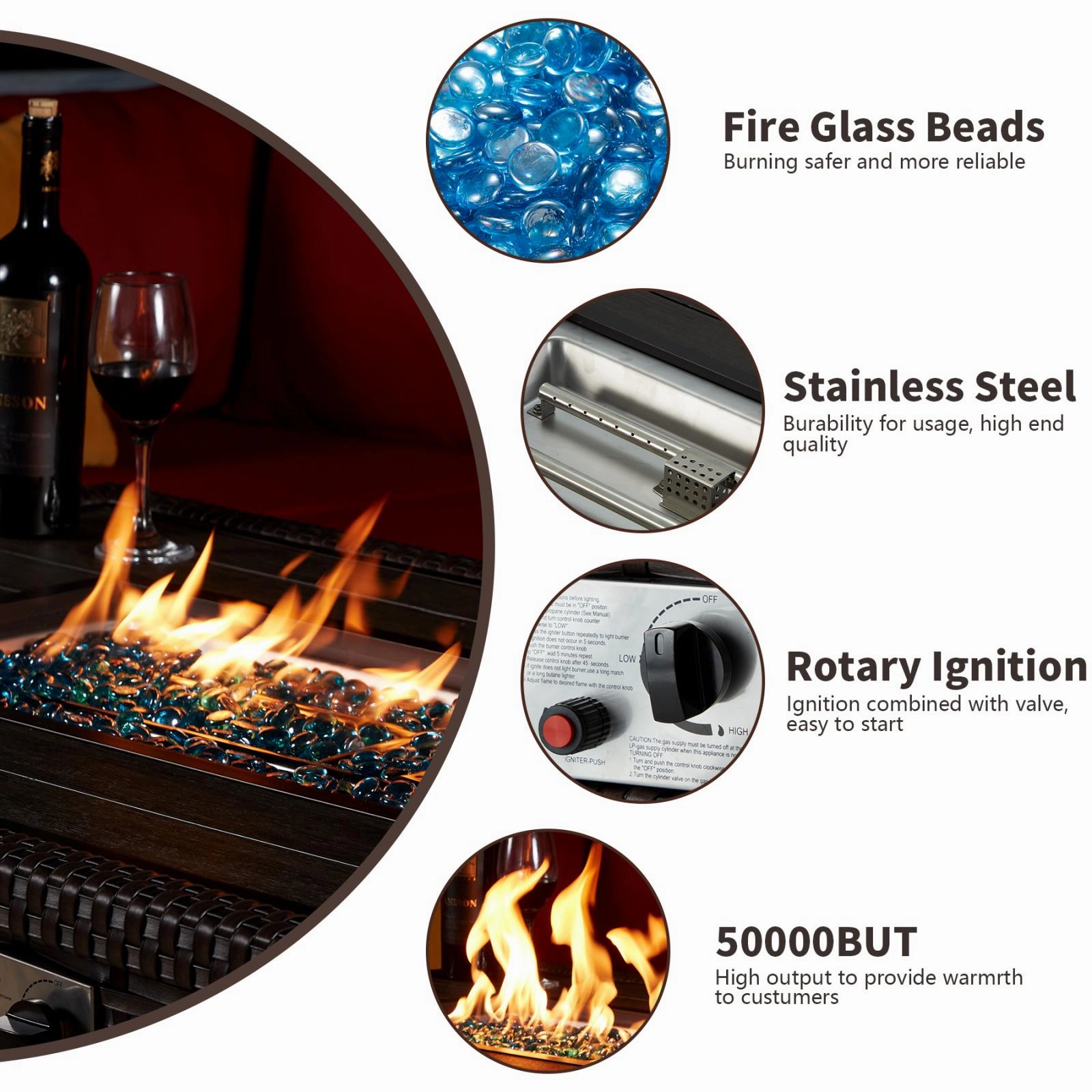 Homrest 44" Propane Gas Fire Pit Table 50000 BTU Auto-Ignition w/ Waterproof Cover, Brown