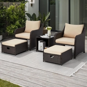 Homrest 5 Pcs Outdoor Wicker Chair Set with Ottomans and Coffee Table, Khakioutdoor patio furniture set
