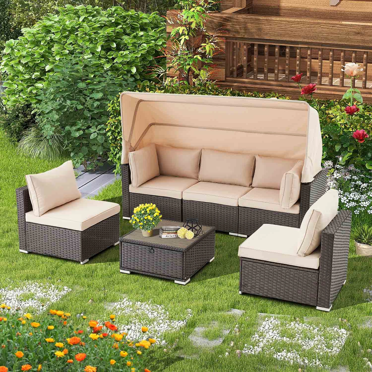 Homrest 6 Pcs Outdoor Sectional Sofa Daybed w/ Retractable Canopy, Khaki