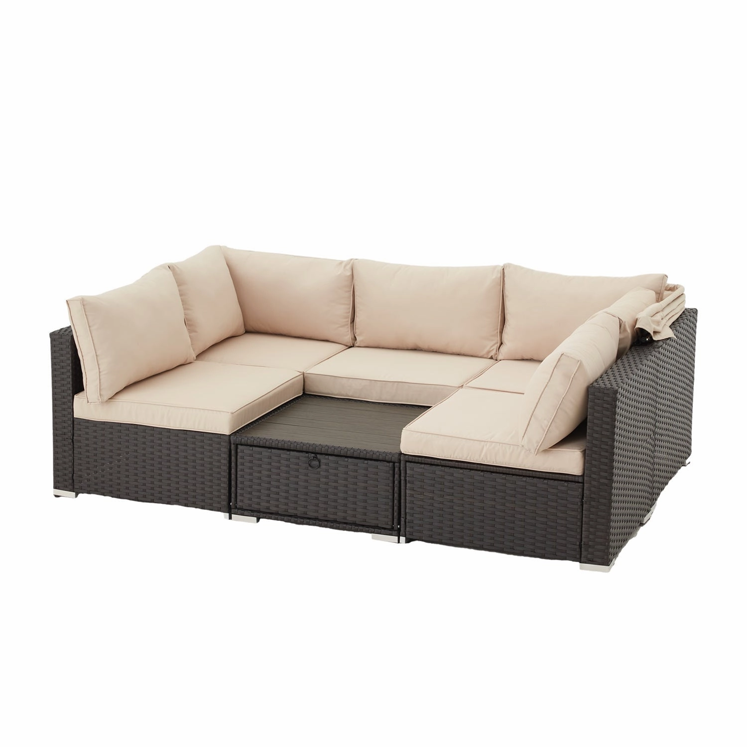 Homrest 6 Pcs Outdoor Sectional Sofa Daybed w/ Retractable Canopy, Khaki