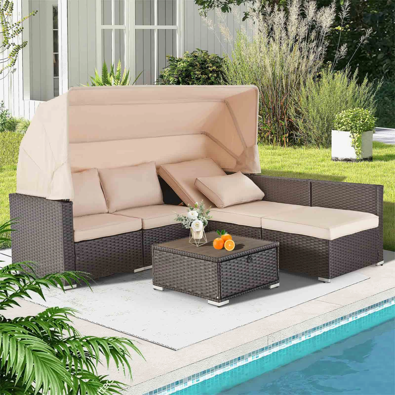 Homrest 6 Pcs Outdoor Sectional Sofa Daybed w/ Retractable Canopy, Khakioutdoor patio furniture set