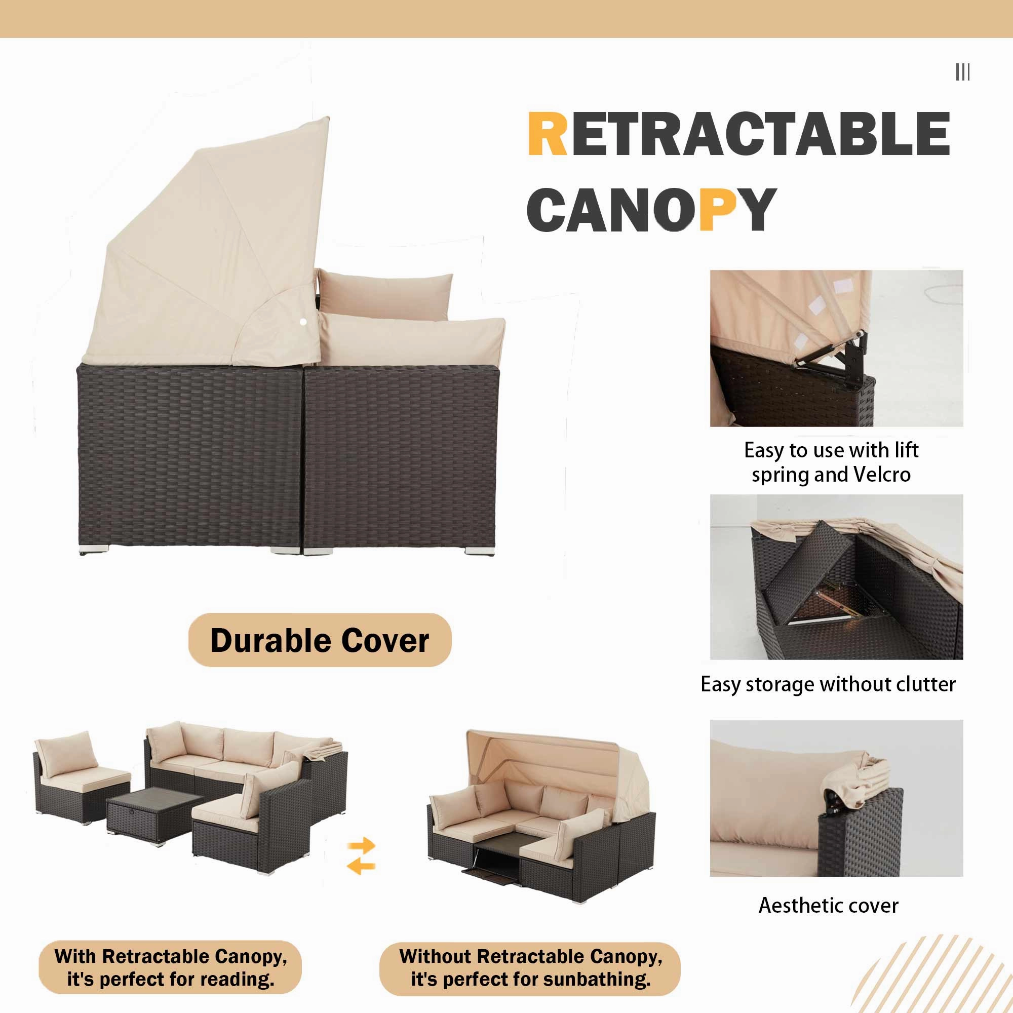 Homrest 6 Pcs Outdoor Sectional Sofa Daybed w/ Retractable Canopy, Khaki