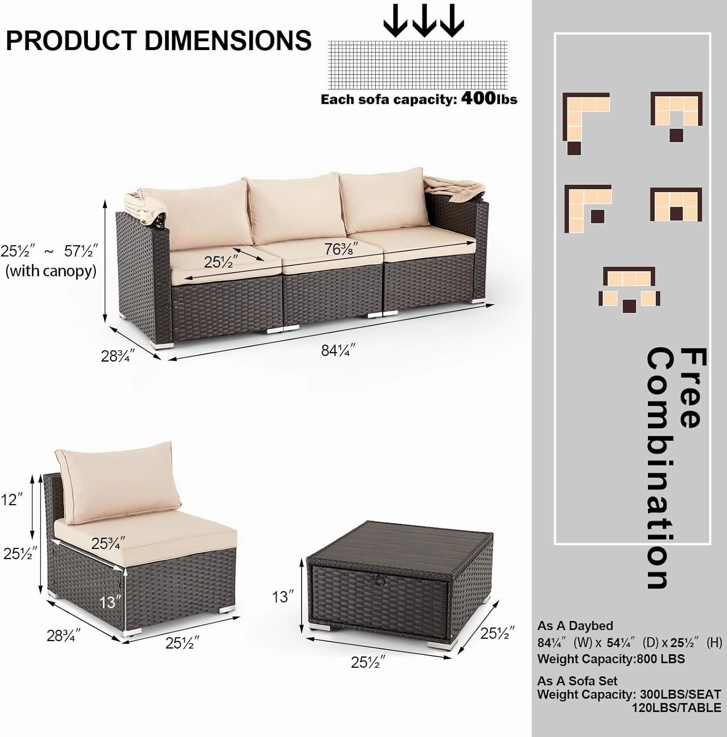 Homrest 6 Pcs Outdoor Sectional Sofa Daybed w/ Retractable Canopy, Khaki