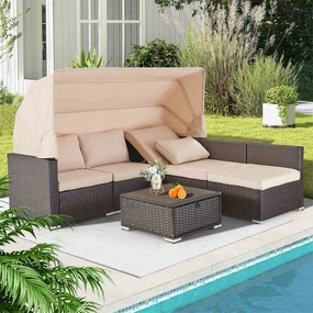 Homrest 6 Pcs Outdoor Sectional Sofa Daybed w/ Retractable Canopy, Khakioutdoor patio furniture set