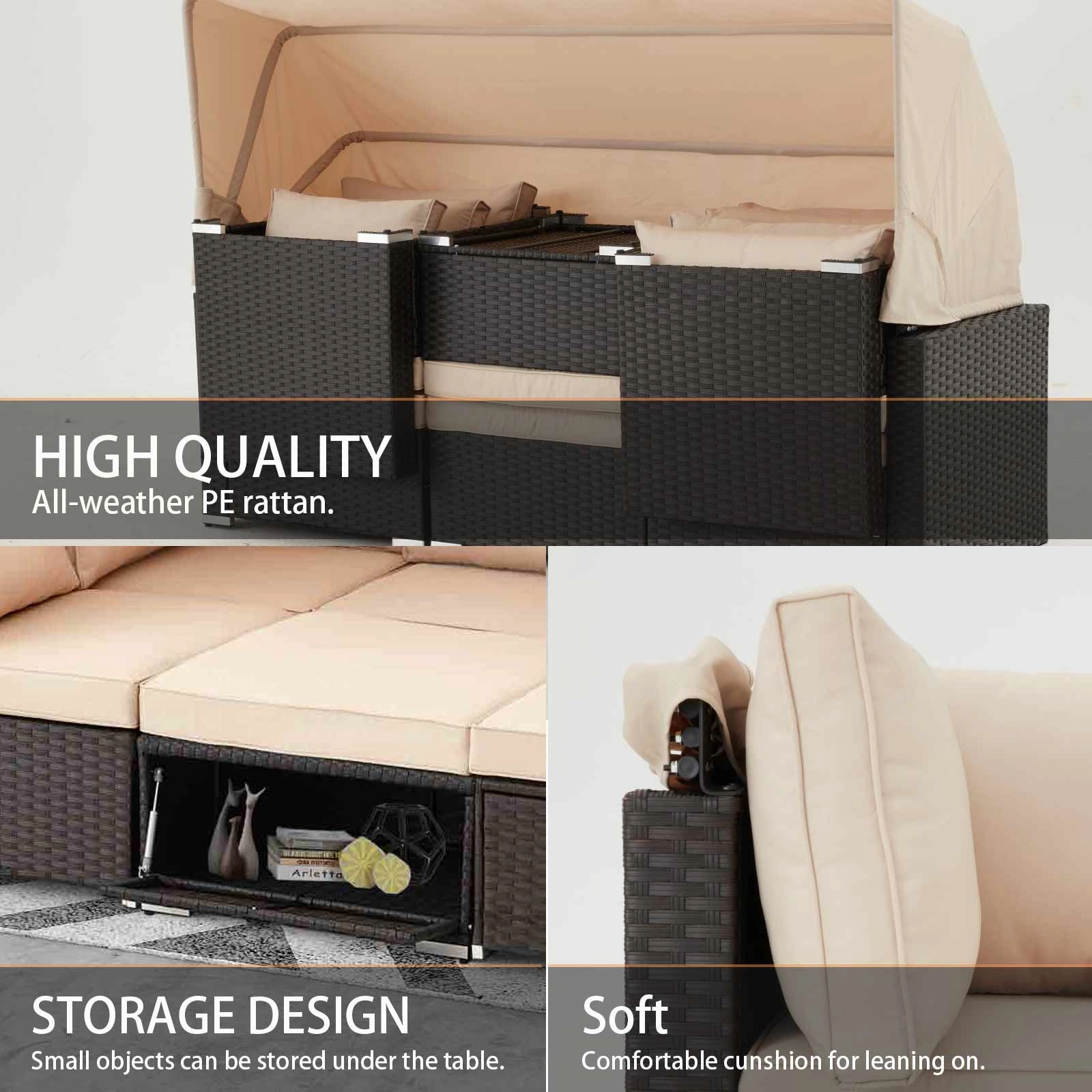 Homrest 6 Pcs Outdoor Sectional Sofa Daybed w/ Retractable Canopy, Khaki