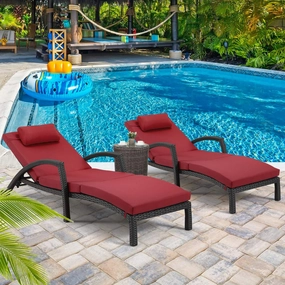 Homrest Chaise Lounge Chairs Set of 2 for Outside,  PE Rattan Wicker Lounge Chair, Wine Redoutdoor patio furniture set