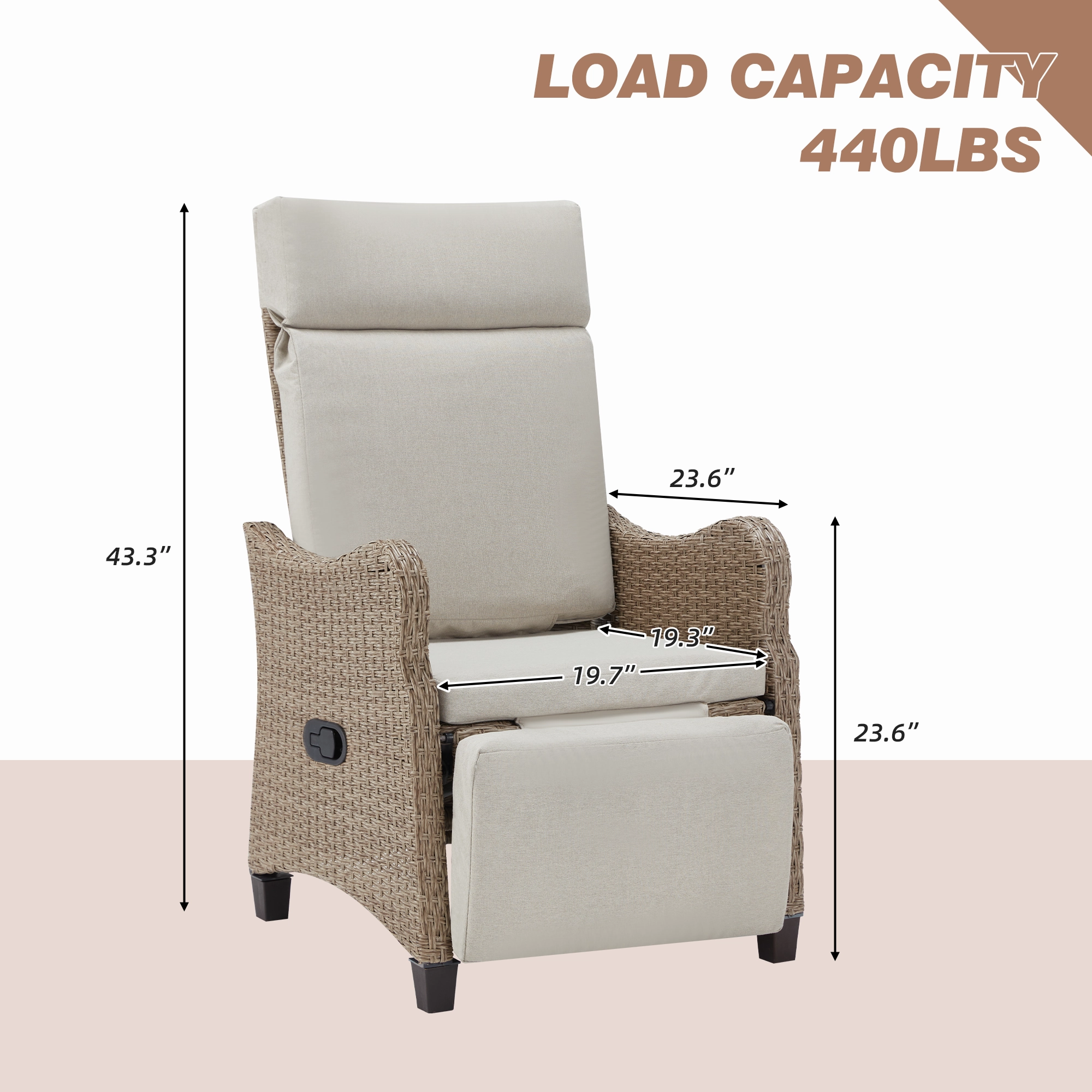 Homrest Outdoor Recliner Chair, Rattan Lounge Chair with Removable Cushion, Beige