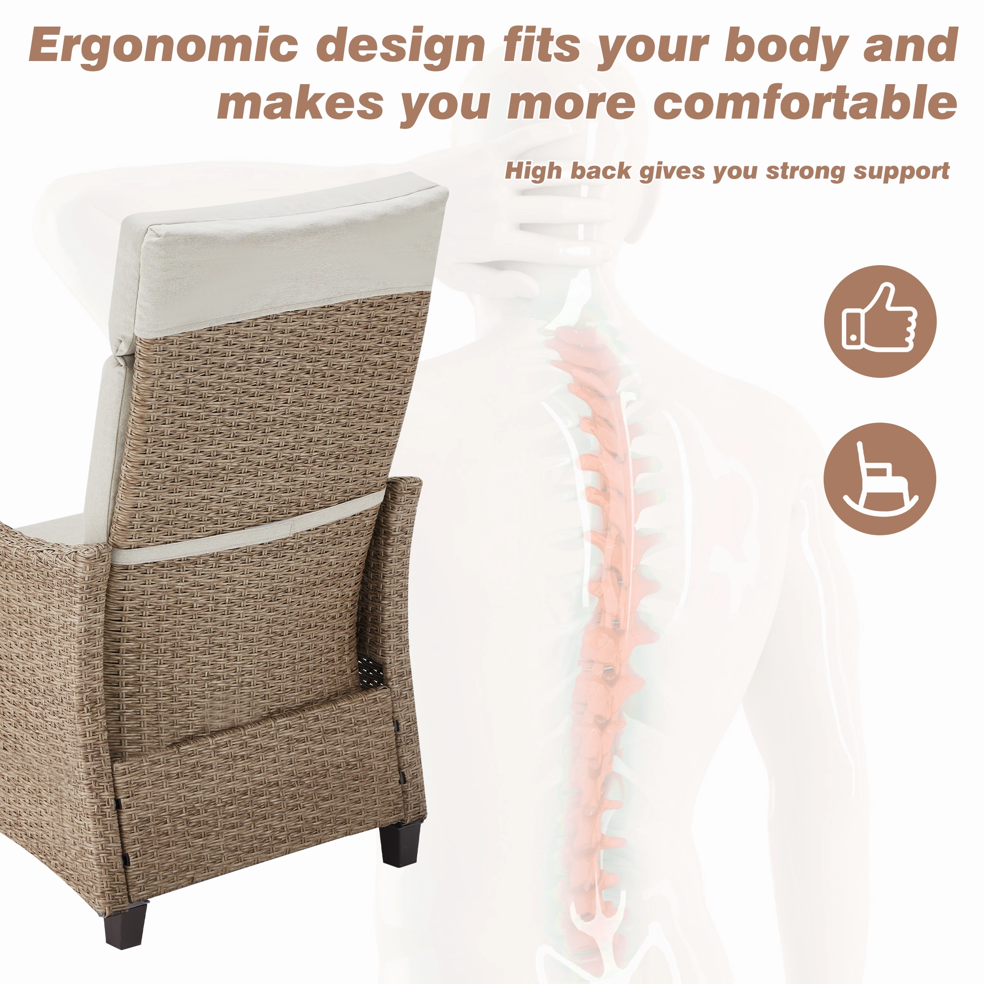 Homrest Outdoor Recliner Chair, Rattan Lounge Chair with Removable Cushion, Beige